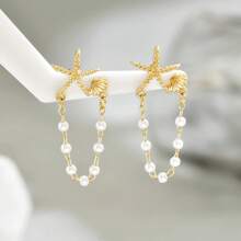 1 par de pendientes vintage de estilo playero con diseño de estrella de mar y concha con perlas falsas, diseño único con cuentas de estrella, adecuados para fiestas, regalos y uso diario