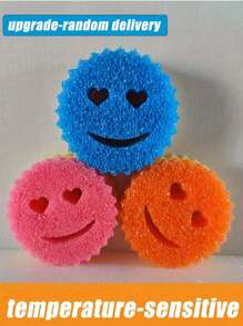 Heart & Smiling Face Multi-Functional Double Layer Temperature Sensitive Scrubbing Sponges. Cute & Powerful Decontamination, Double-Sided Kitchen Sponge - Temperature Sensitive, Non-Scratch Cleaning Pad, Suitable For Dishes Etc. - Multi-Surface Sponge Holder, Fit For Modern Kitchen Sink, For Dish Cleaning(Random Color)