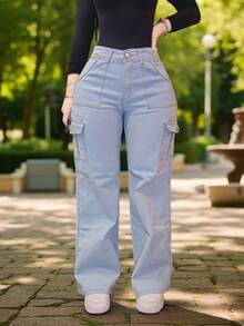 Pantalon jeans de mezclilla estilo corte ancho cargo con bolsas laterales stretch para dama mujer push up cintura alta urbano - Blench cargo con bolsas - Ver 4