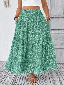 Plus Size Women Ditsy Floral Ruffle Hem Drawstring Waist Casual Midi Skirt, Suitable For Vacation In Autumn Summer - Green Flower - View 5