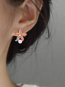 1 par de Brincos Estilo Boêmio Doce com Estrela do Mar Colorida e Pérola Falsa, Adequado para Uso Diário, Viagens, Festas de Praia, Férias, etc. para Mulheres