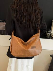 Retro Large Capacity Shoulder Bag For Women, Versatile Soft Plain Color Underarm Bag - Khaki - View 11