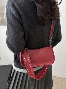 时尚复古长方形手提包，女士铆钉装饰腋下包，经典拉链单肩包，适合购物、钱包、购物、年轻女性、大学生、新人、白领。非常适合办公室、大学、工作、商务、通勤、户外活动、旅行和郊游