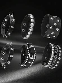 Xiacheng 1/6/9 件装尖头铆钉手链黑色皮革铆钉朋克手链袖口缠绕手镯按扣金属腕带男女通用