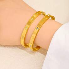 2 Pcs/Set Luxury Fashion Bracelet Set, New Stainless Steel Zirconia Women Bracelet, Octagram Diamond Bracelet, Suitable For Daily Wear Or Gift For Women - Yellow Gold - View 5