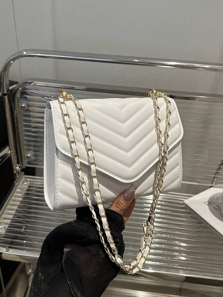Túi vuông Chevron Detail Chain, Túi đeo vai có nắp tối giản, Ví đeo chéo thời trang cho nữ