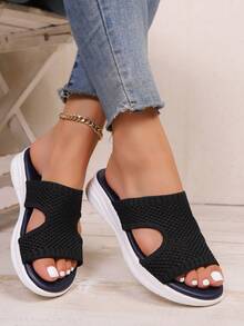 1 paire de sandales plates de plage/sport en tissu ajouré de style preppy, nouvelles chaussures décontractées à la mode pour la plage, les vacances, les mariages, l'école, les fêtes, l'été - Noir - Voir 3