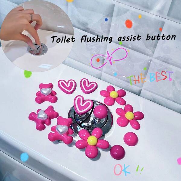 2pcs Bear Heart Flower Round Toilet Flush Assist Button, Protect Nail Art, Indoor And Car Decoration, Drawer And Wardrobe Handle, More Comfortable Life And More Exquisite Gift For Friends