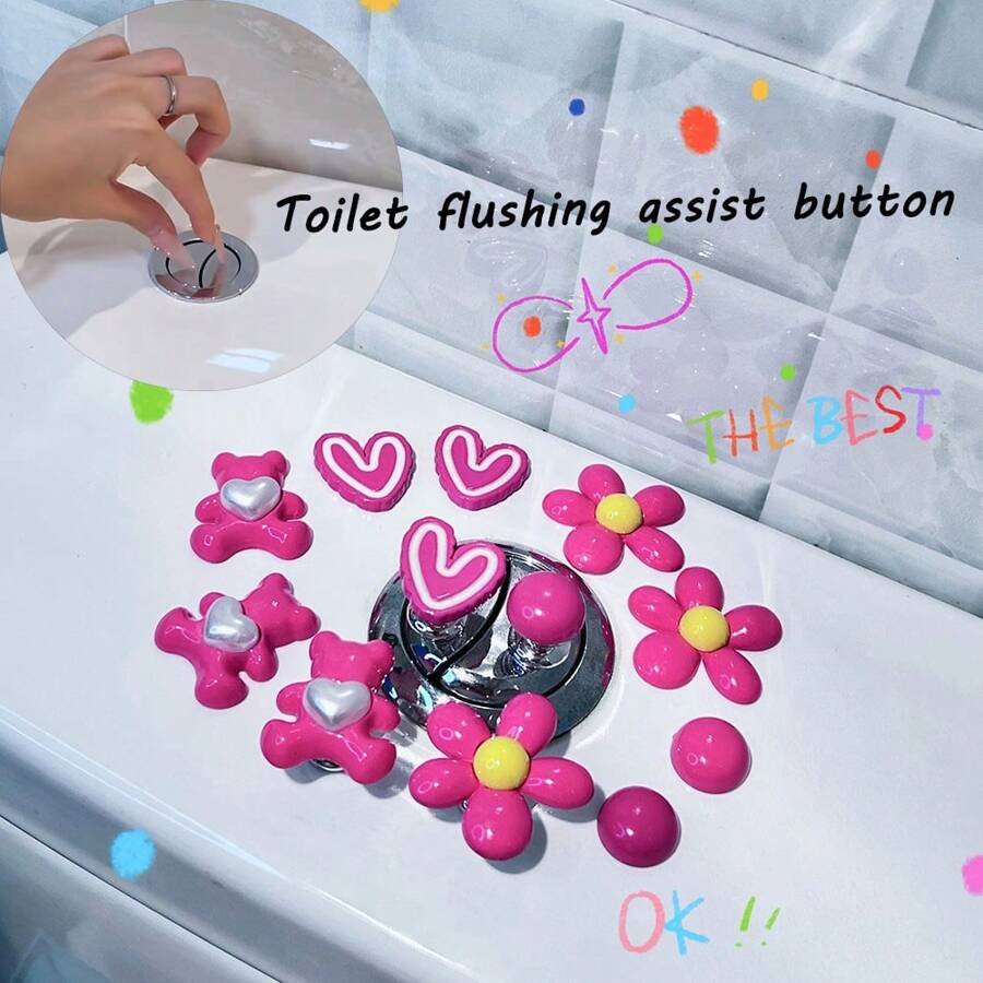2pcs Bear Heart Flower Round Toilet Flush Assist Button, Protect Nail Art, Indoor And Car Decoration, Drawer And Wardrobe Handle, More Comfortable Life And More Exquisite Gift For Friends