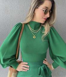 Nadia Modal Women's Blouse Puff Sleeve Plain Fashion0 - Verde - Ver 2