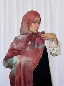 1pc Women Fashion Bohemian Ink Painting Navy Blue Marble Print Veil Hijab, Casual Street Wear Hijab For Daily Use, Autumn Headband - Rose Red - View 2