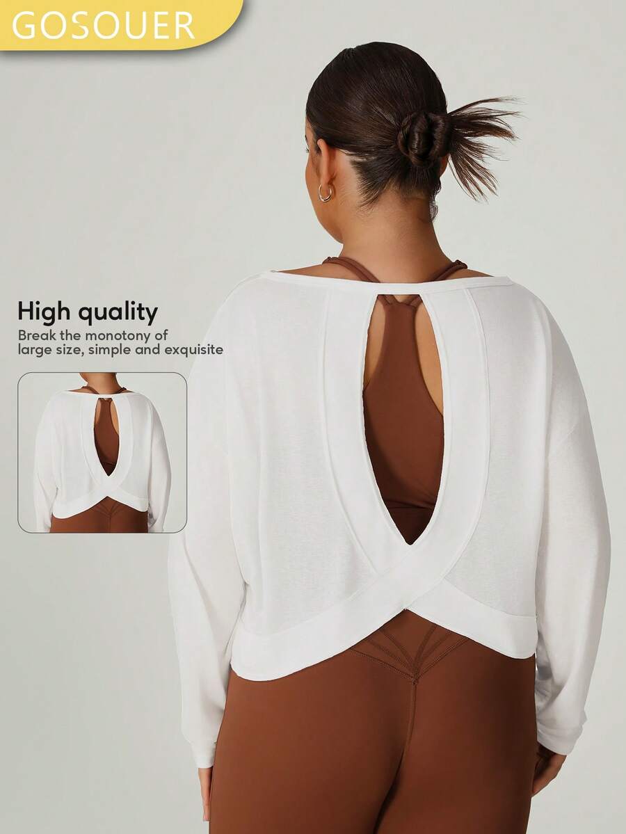 Women Plus Size Plus Size Lightweight Breathable Hollow Back Leisure Fitness Sport Long Sleeve T-Shirt Cover-Up Blouses Top - 白色 - 查看 1