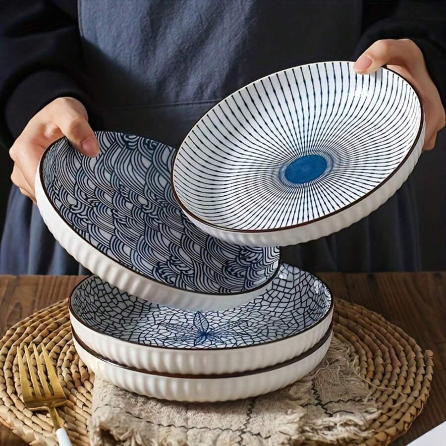 4-Piece Ceramic Plate Set - Handmade Blue & White Floral Porcelain Dinnerware, Suitable For Dinner, Pasta, Salad, Microwave Friendly Kitchen And Dining Tableware