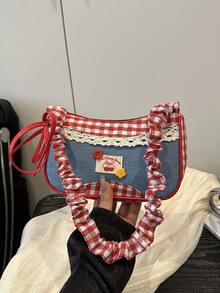1 件红色尼龙面料光滑拉链抽绳带纽扣装饰时尚休闲夏季新款独特斜挎包，适合女性日常使用 - 紅色 - 查看 7
