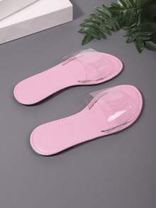 Sandalias planas de mujer de verano, cómodas, con correa transparente personalizada, estilo francés bohemio de unicolor, para interior y exterior, con suela antideslizante, a juego con vestidos - Rosa Pálido - Ver 6