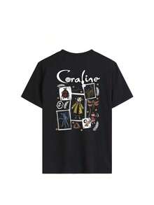 Women's Summer Cartoon And Slogan Graphic Round Neck Short Sleeved T Shirt ,Casual Loose And Versatile Holiday Style Tops,Fashionable Summer Outfits Suitable For Daily Holiday Wear,Halloween Costumes Women,Shalloween Atmosphere,Halloween Caroline And Ghost Graphic-White And Navy Off-The-Shoulder Cropped Top - màu đen - Xem 3