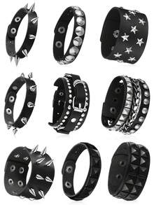 Xiacheng 1/6/9 件装尖头铆钉手链黑色皮革铆钉朋克手链袖口缠绕手镯按扣金属腕带男女通用