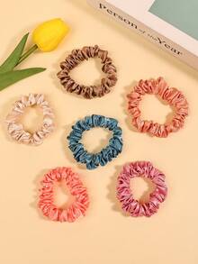 6 件/套缎面纯色弹性发带，适合女孩/女性高低马尾发型