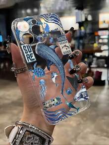 1 件蓝色水彩鲨鱼海洋生物设计柔软 TPU 保护手机壳，适用于 16、15、14、13、12、11、X、Pro Max、Plus、Mini、17 ProMax、17 Pro、17 Air、17 - 無色 - 查看 4