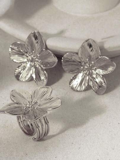 3 pièces/set Boucles d'oreilles à fleurs vintage flashy exagérées et parure de bagues, convient pour le port quotidien des femmes