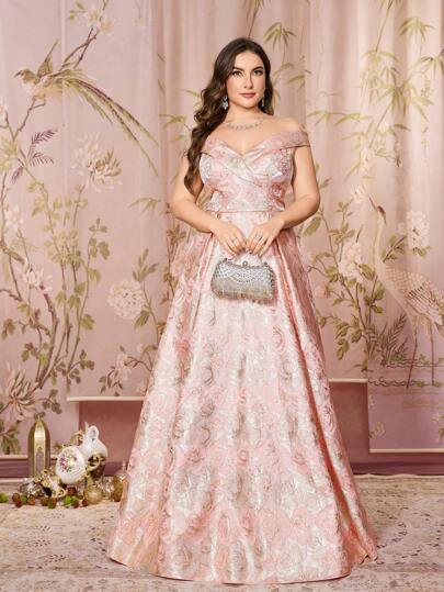 大码女式露肩露背连衣裙，带提花刺绣拼布，优雅长款摇摆派对连衣裙