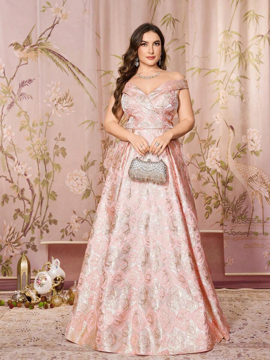 大码女式露肩露背连衣裙，带提花刺绣拼布，优雅长款摇摆派对连衣裙