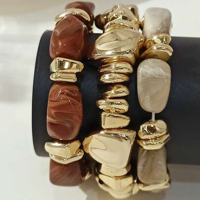 3pcs Vintage Bohemian Bracelet Set, Thick Multi-Layer Brown Acrylic Beaded Bracelets, For Women Men Party Daily Wear, Luxury High-End