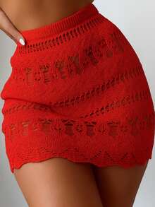 Beach Cover-Up Crochet Knit Lace Skirt With Elastic Waistband And Adjustable Waistband - Đỏ - Xem 1