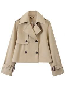 Abrigo corto de mujer tipo trench color caqui con doble botonadura, solapa y manga larga para primavera y otoño