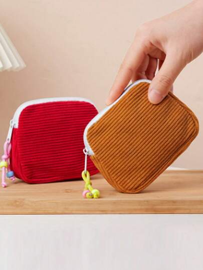 Corduroy Cosmetic Storage Bag, Korean Style Coin Purse Sanitary Napkin Organizer, Portable Pouch