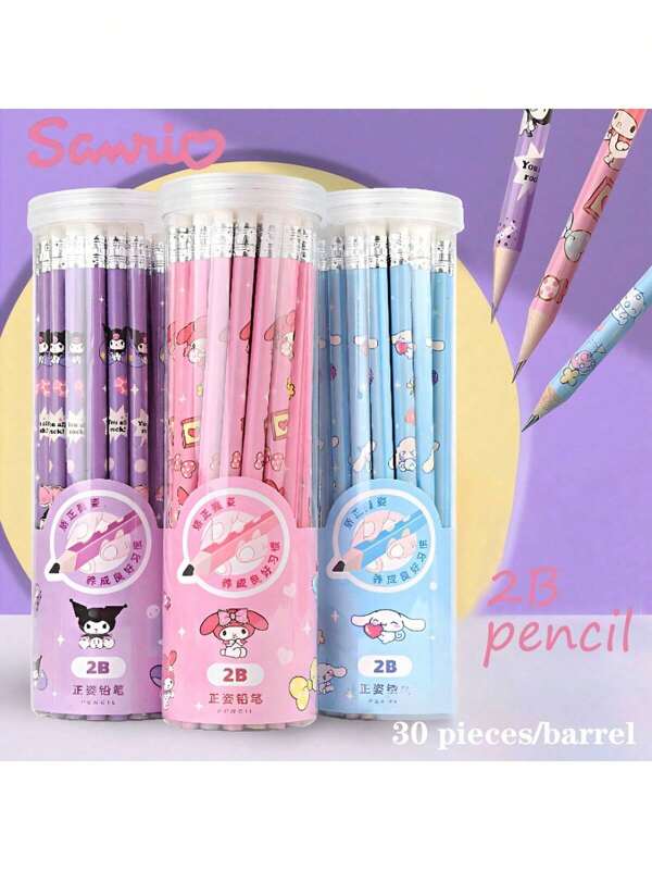 Sanrio 1 conjunto de 30 lápis ergonômicos do personagem Kuromi, lápis de prática de escrita 2B com borrachas para estudantes, material escolar e de escritório com desenho fofo, material escolar, volta às aulas