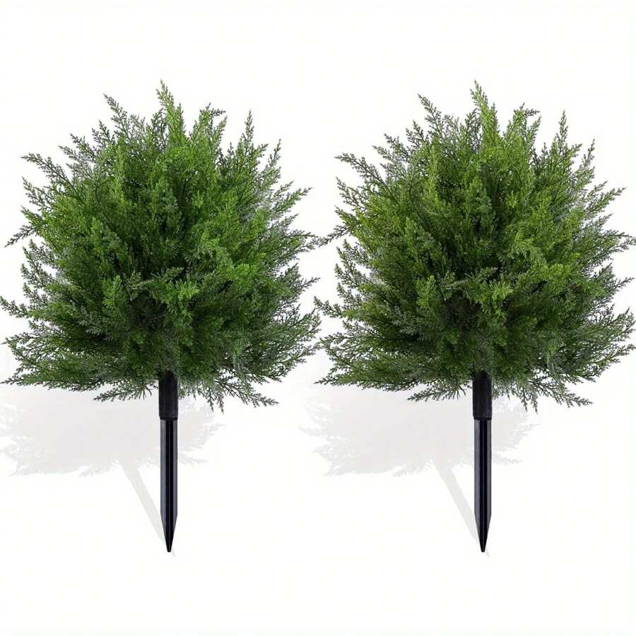 24 Inch Artificial Cedar Ball Tree With Ground Spikes, UV Resistant Fake Shrubs, Set Of 2 Artificial Cypress Fake Plants Artificial Shrubs For Indoor And Outdoor Front Porch Garden Decorations, Christmas Decorations