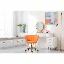 Comfy Home Office Task Chair With Wheels, Cute Modern Upholstered PU Seashell Back Adjustable Swivel Vanity Desk Chair, For Women,For Girls, Living Room(PU-Orange) - Orange - View 1