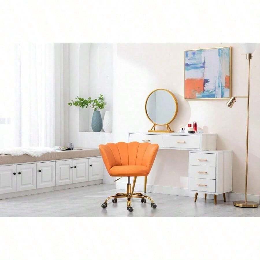 Comfy Home Office Task Chair With Wheels, Cute Modern Upholstered PU Seashell Back Adjustable Swivel Vanity Desk Chair, For Women,For Girls, Living Room(PU-Orange) - Orange - View 1