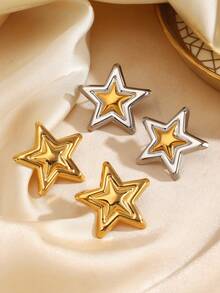 1 对不锈钢简约 18K 镀金五角星耳钉，适合女性日常佩戴 - 彩色 - 查看 1