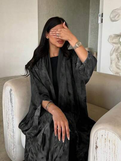 1 قطعة رداء كاجوال أنيق بلون أحادي من الشيفون مطبوع بطريقة الصباغة بالربط، صناعة متطورة، ملمس راقي أنيق، عباية فضفاضة ذات ساق واسعة عصرية باللون الأسود للربيع