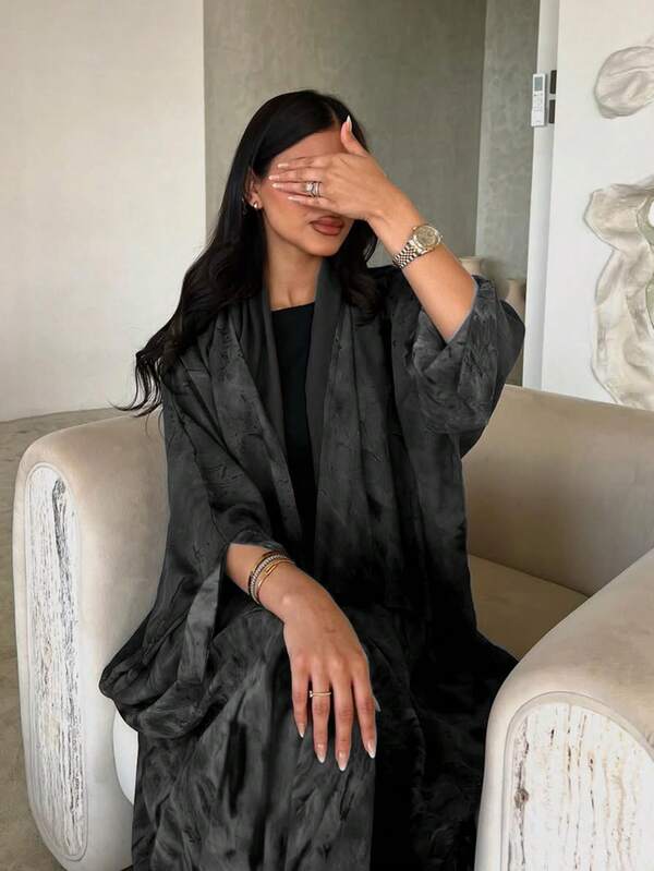 1pc Elegant Casual Solid Color Chiffon Print Tie-Dye Robe, Sophisticated Craftsmanship, Graceful High-End Texture, Fashionable Wide-Leg Loose Abaya