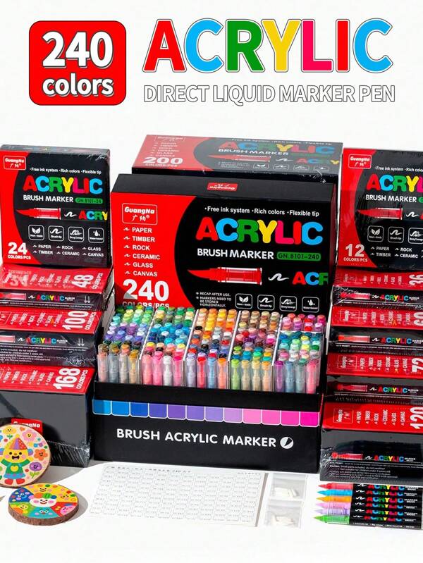 1pc Direct Liquid Soft Tip Acrylic Marker Pen, 288/240/200/168/120/100/72/60/48/36/24/12 Colors, Student Use, Non-Transparent, Stackable, Watercolor Brush, High-Quality Art Supplies For DIY Painting