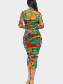 Kaleidoscope Print Mesh Ruched Midi Dress  All Over Print    Elegant    Ruched  Zipper  Sheer    Stage & Concert - 綠色 - 查看 6