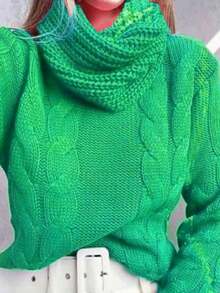 Blusa De Tricot Gola Boba gola Alta Blogueira Tranças Inverno - Verde - Visão 1