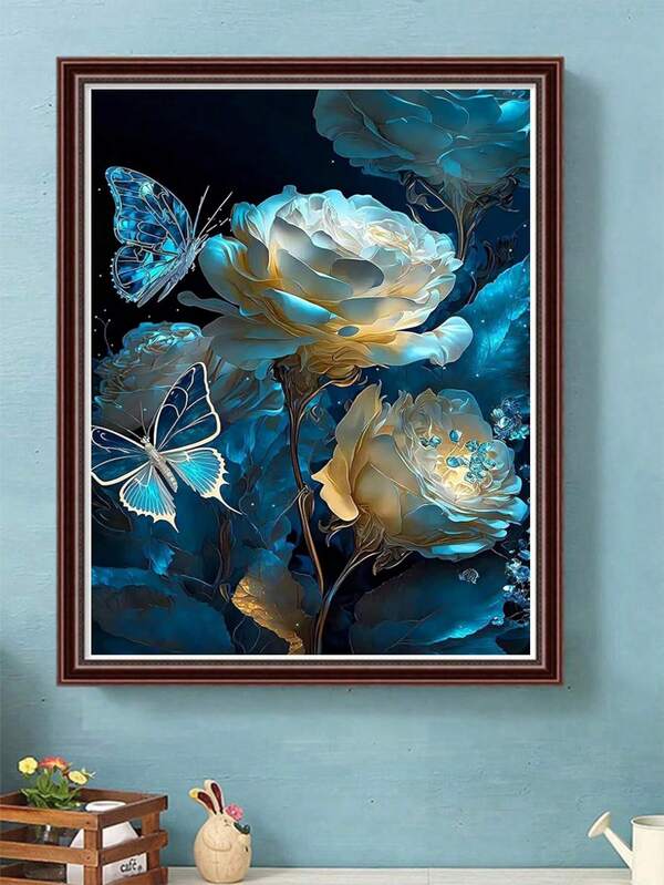 Peinture de diamant 5D DIY fleur bleue et papillon, diamant rond plein, artisanat de décoration pour la maison