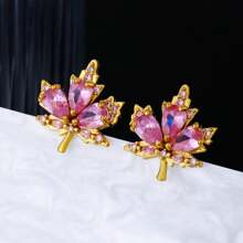 1 Pair Women's Fashionable Earrings, Elegant & Luxurious Maple Leaf Shaped Copper Inlay Synthetic Zirconia, Suitable For Daily, Party, Festival And Couple Gift