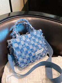 时尚撞色格子手提包，流苏设计休闲斜挎包，厚实零钱包，适合女性日常通勤，春夏季