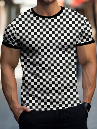 男士透气休闲短袖圆领 T 恤，渐变图案，涤纶混纺，可机洗，适合夏季运动休闲上衣