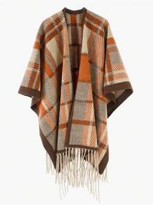 1 件男女通用法式格子流苏披肩围巾，适合作为秋冬外套斗篷 - 彩色 - 查看 9