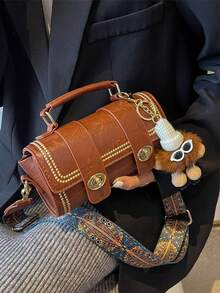 1 件迷你复古圆筒手提包，适合女士日常使用（带毛茸茸配饰） - 棕色 - 查看 4