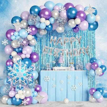 134 Stücke/Set Frozen Ballon Girlanden Bogen Set, enthält 1*2m Quastenvorhang, Schneeflocken Deko, Perlenakzente, Metallballons in Blau, Lila, Weiß und bunte Papierballons, geeignet für Märchenhafte Geburtstage, Schneekönigin oder Prinzessin Themen Party Dekoration