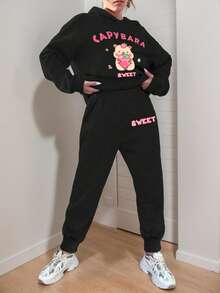 Tween Girls' Cartoon Print Thermal Hoodie And Sweatpants Set - Black - View 10