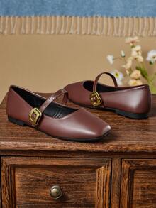 Mocasines casuales con punta cuadrada y hebilla decorativa marrones para mujer, con botón dorado, versátiles para oficina, exterior, primavera/verano, clásicos bailarinas para mujer - Marrón - Ver 6