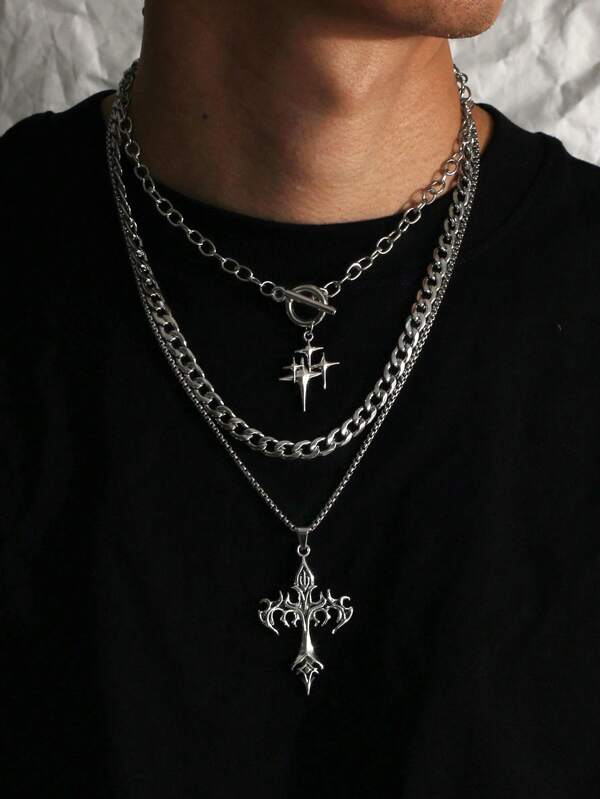 Set de 3 collares con colgante de estrella brillante de estilo gótico, con cadena de acero inoxidable, que incluye un colgante de cruz de llama para mujeres y un estilo Y2K para hombres